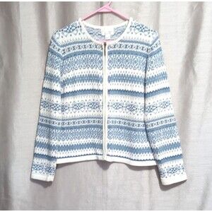 VTG Christopher & Banks Winter Blue White Cardigan Sweater MEDIUM Full Zip